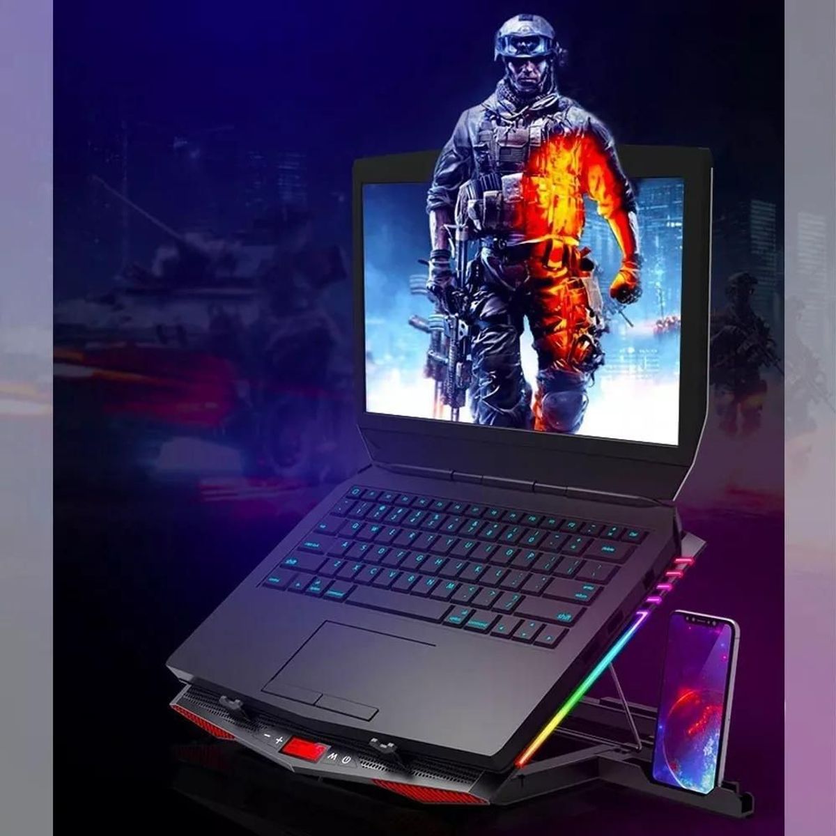 CYBERCOOL - Cooler Laptop Gamer Rgb Cybercool 5 Niveles Con Base Celular