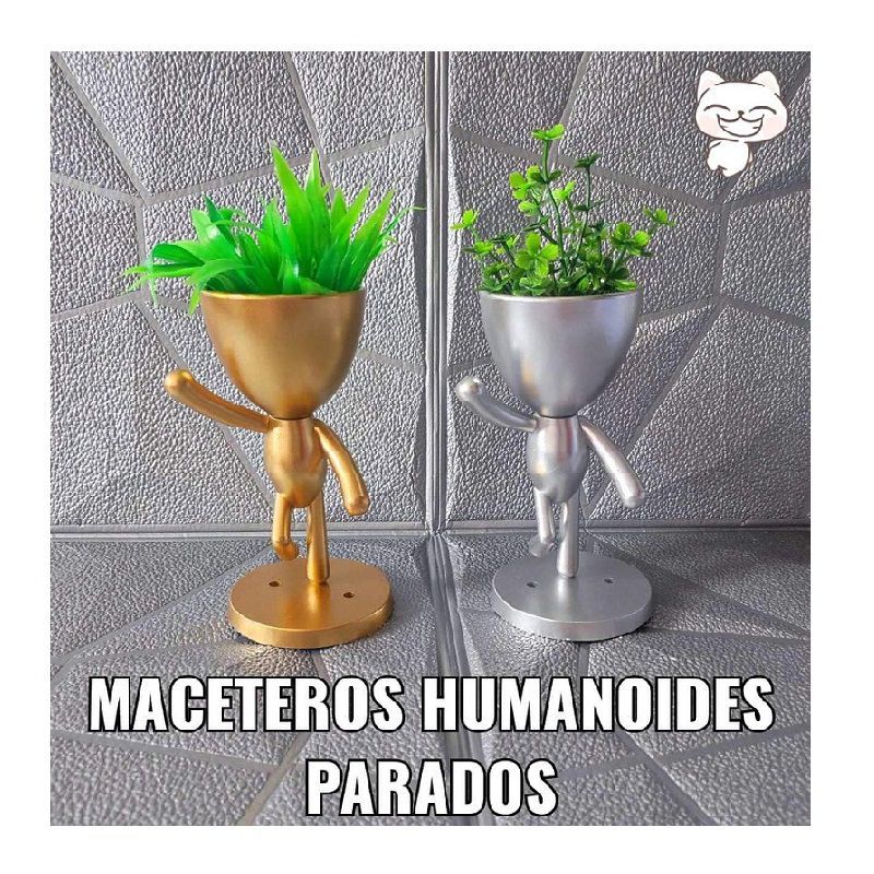 GENERICO - Macetero humanoide plateado con planta artificial