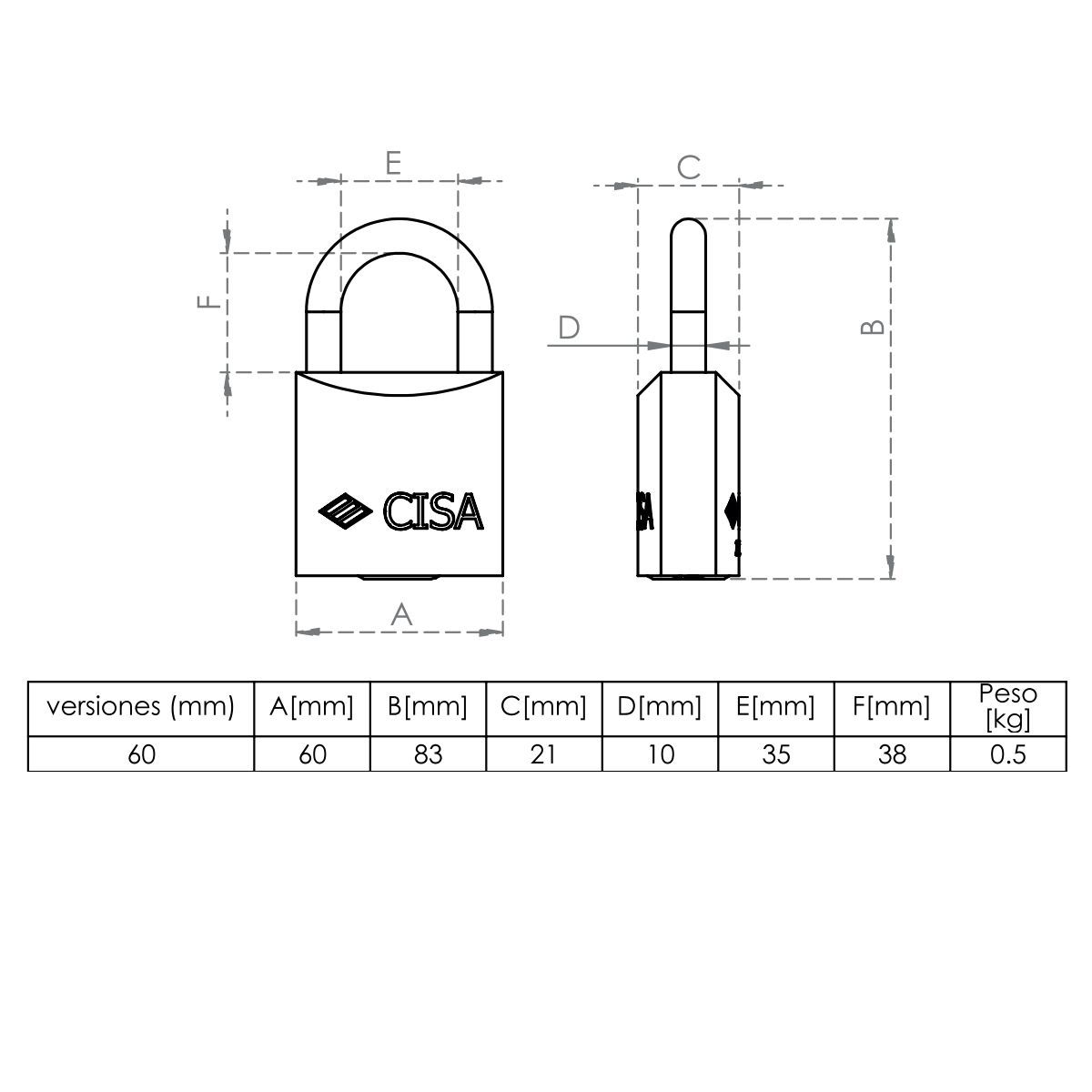 CISA - Candado Cisa de Arco Latón Igualado 60 mm KA2