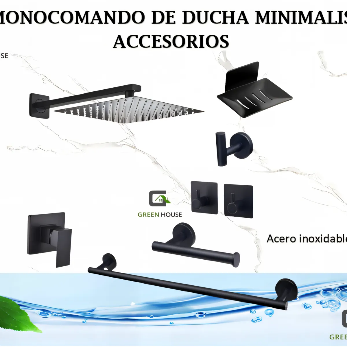 GREEN HOUSE - KIT MONOCOMANDO DE DUCHA 8 PULGADAS CON SALIDA CUADRADA + ACCESORIOS