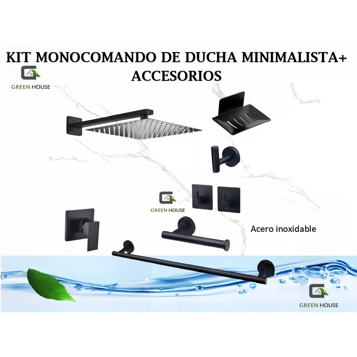 GREEN HOUSE - KIT MONOCOMANDO DE DUCHA 8 PULGADAS CON SALIDA CUADRADA + ACCESORIOS