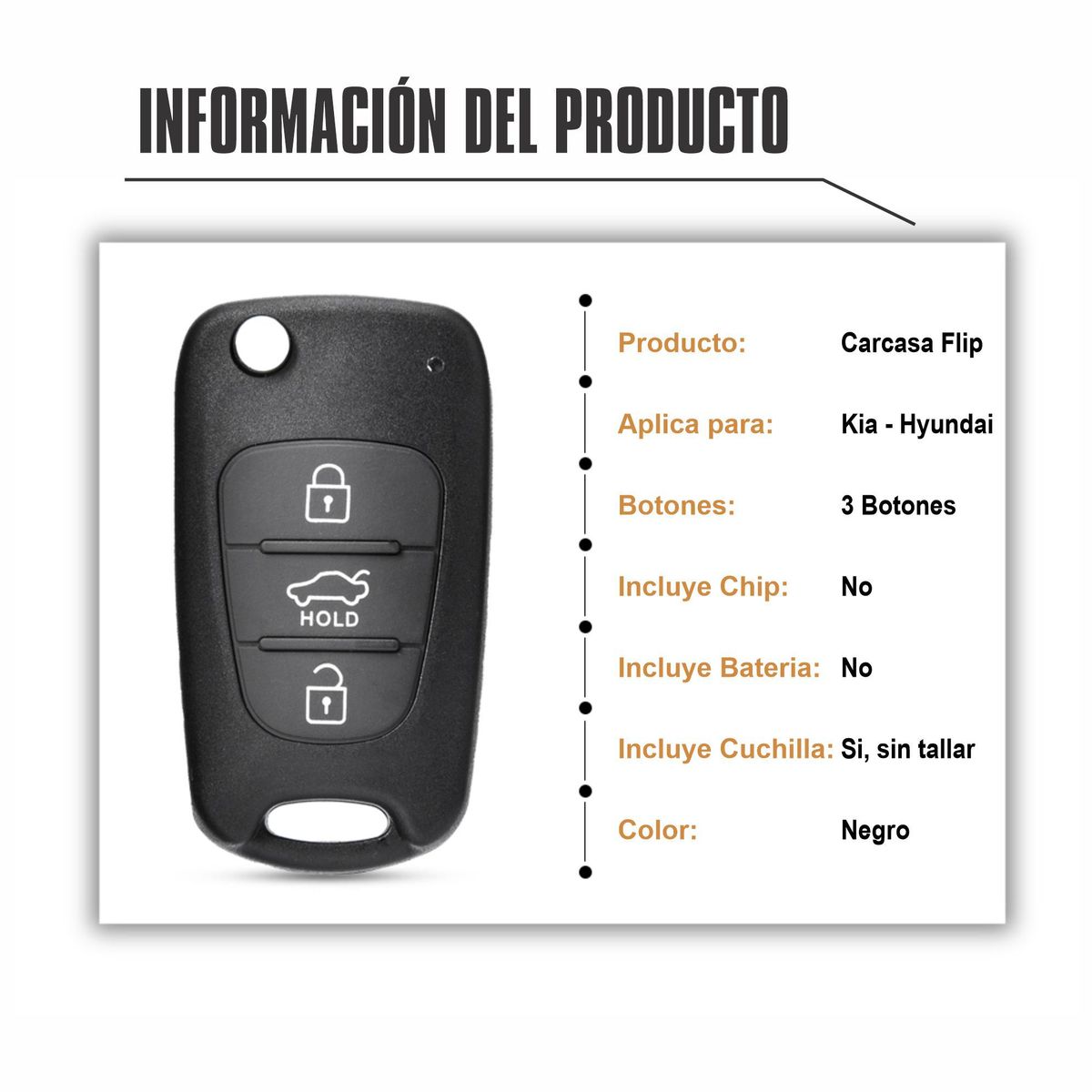 GENERICO - Carcasa Llave Flip 3 Botones Kia Hyundai Control Remoto