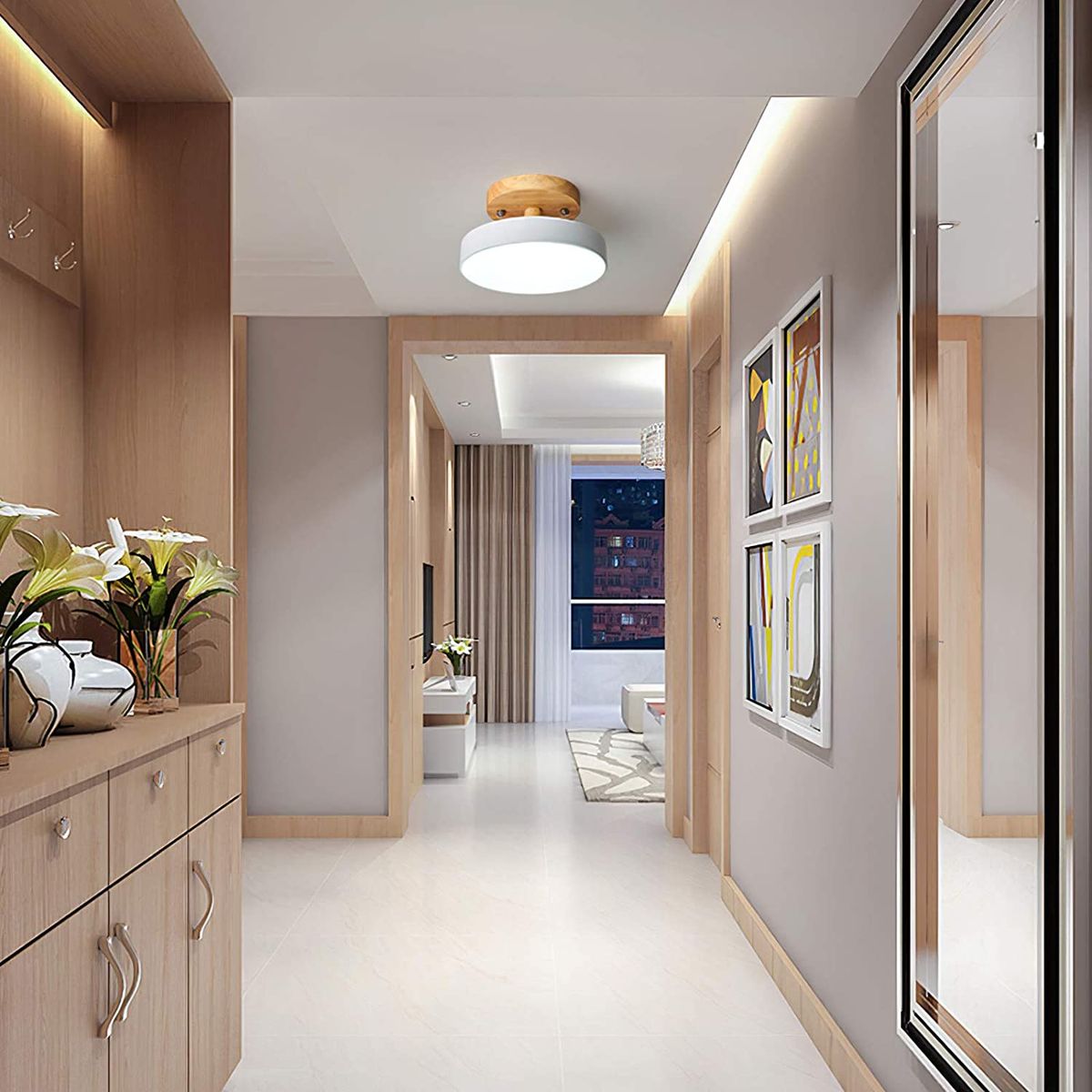 HOME NEAT - LED Lámpara de Techo Moderna Ø18cm Base de Madera 3 Colores Blanco