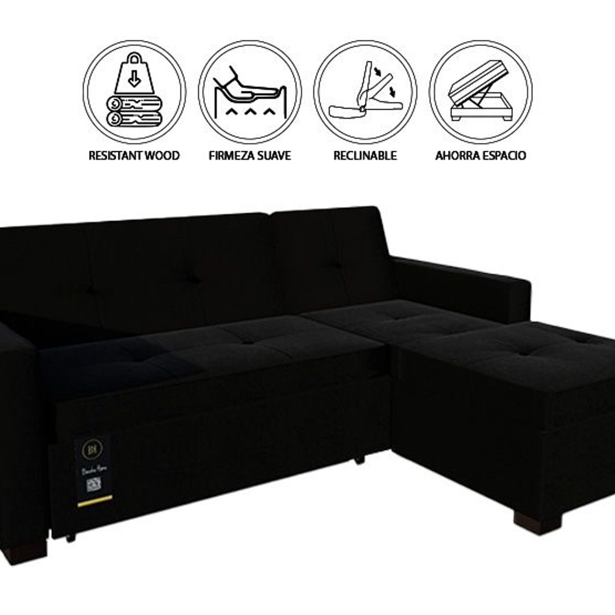 BARAKA HOME - Sofá Cama Seccional Debar Derecho 3 Cuerpos - Negro