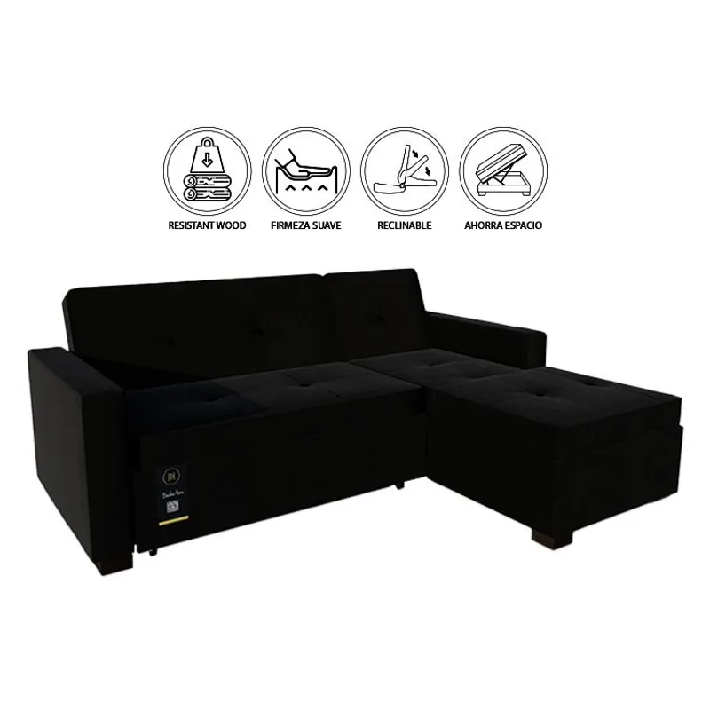 BARAKA HOME - Sofá Cama Seccional Debar Derecho 3 Cuerpos - Negro
