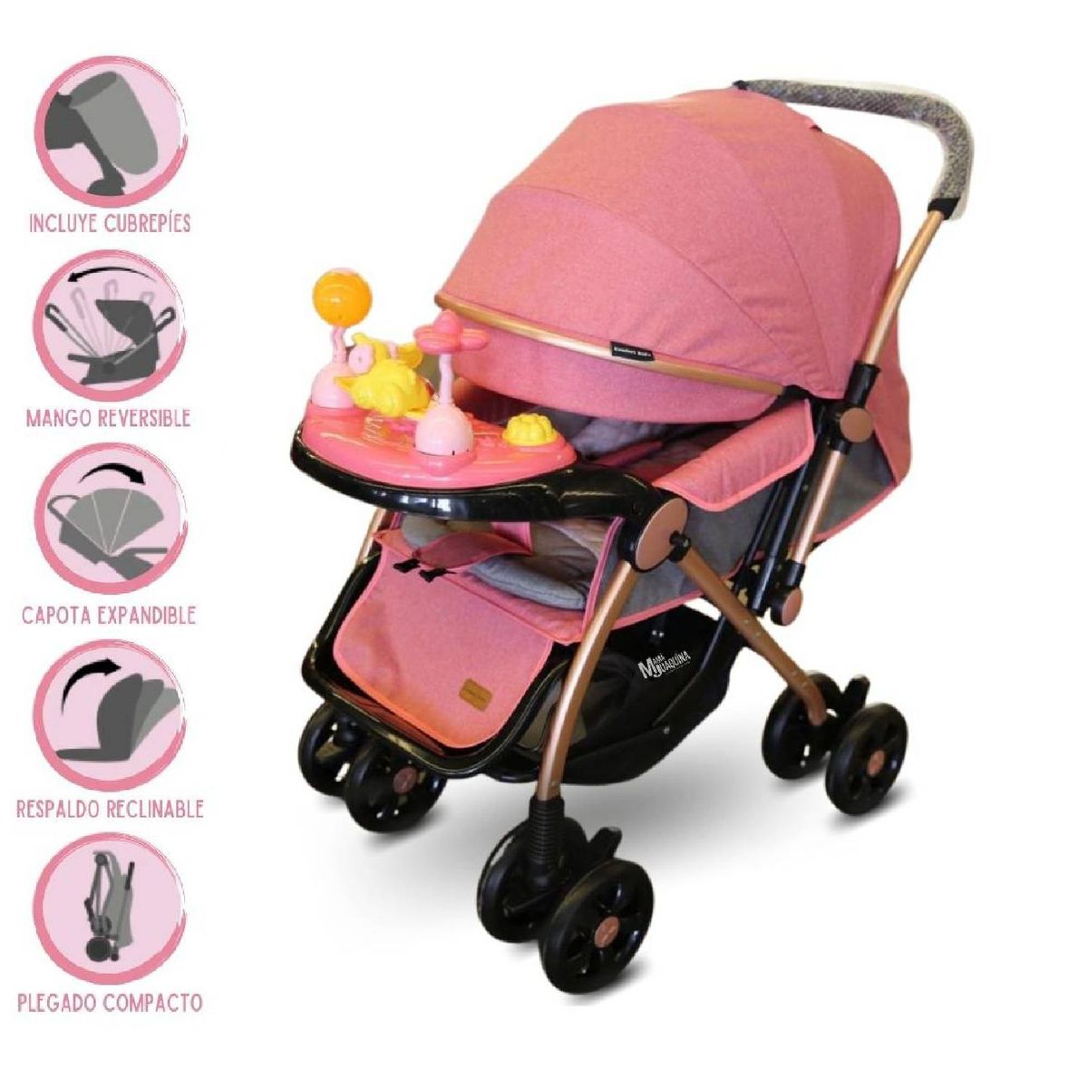 HI BABY - Coche Cuna Musical Bandeja Didactica  - Rosado