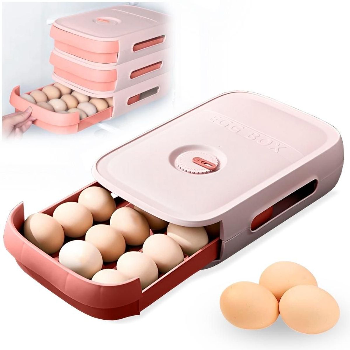 MINARI - Bandeja Organizador Porta Huevos Táper Apilable Rosado 38V