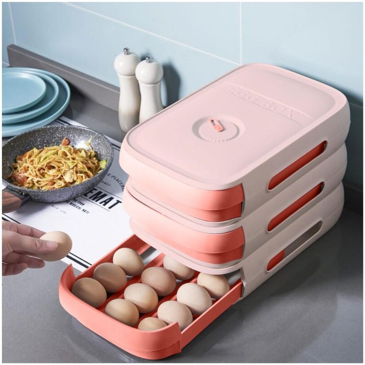 MINARI - Bandeja Organizador Porta Huevos Táper Apilable Rosado 38V