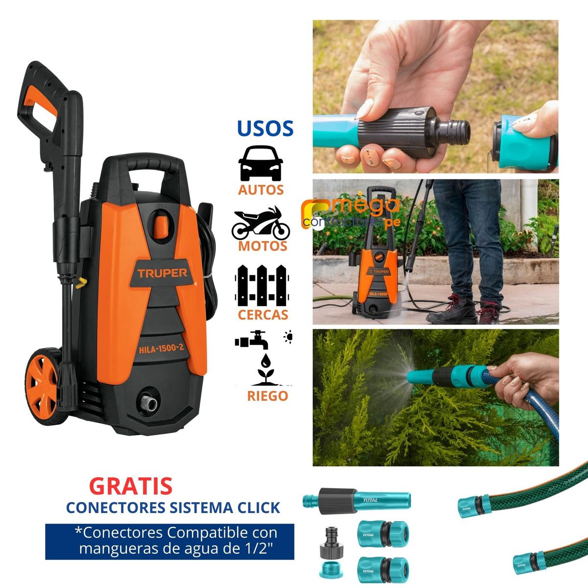 TRUPER - Combo hidrolavadora 1500PSI truper manguera 5m conector rápidos click