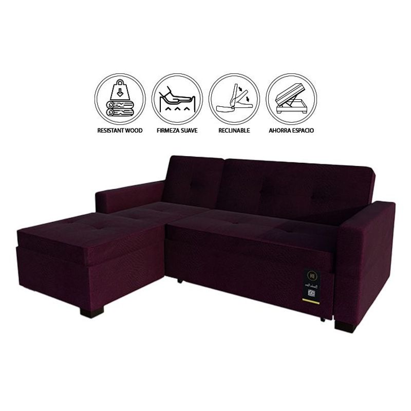 BARAKA HOME - Sofá Cama Multifuncional Debar Izquierdo 3 Cuerpos - Púrpura