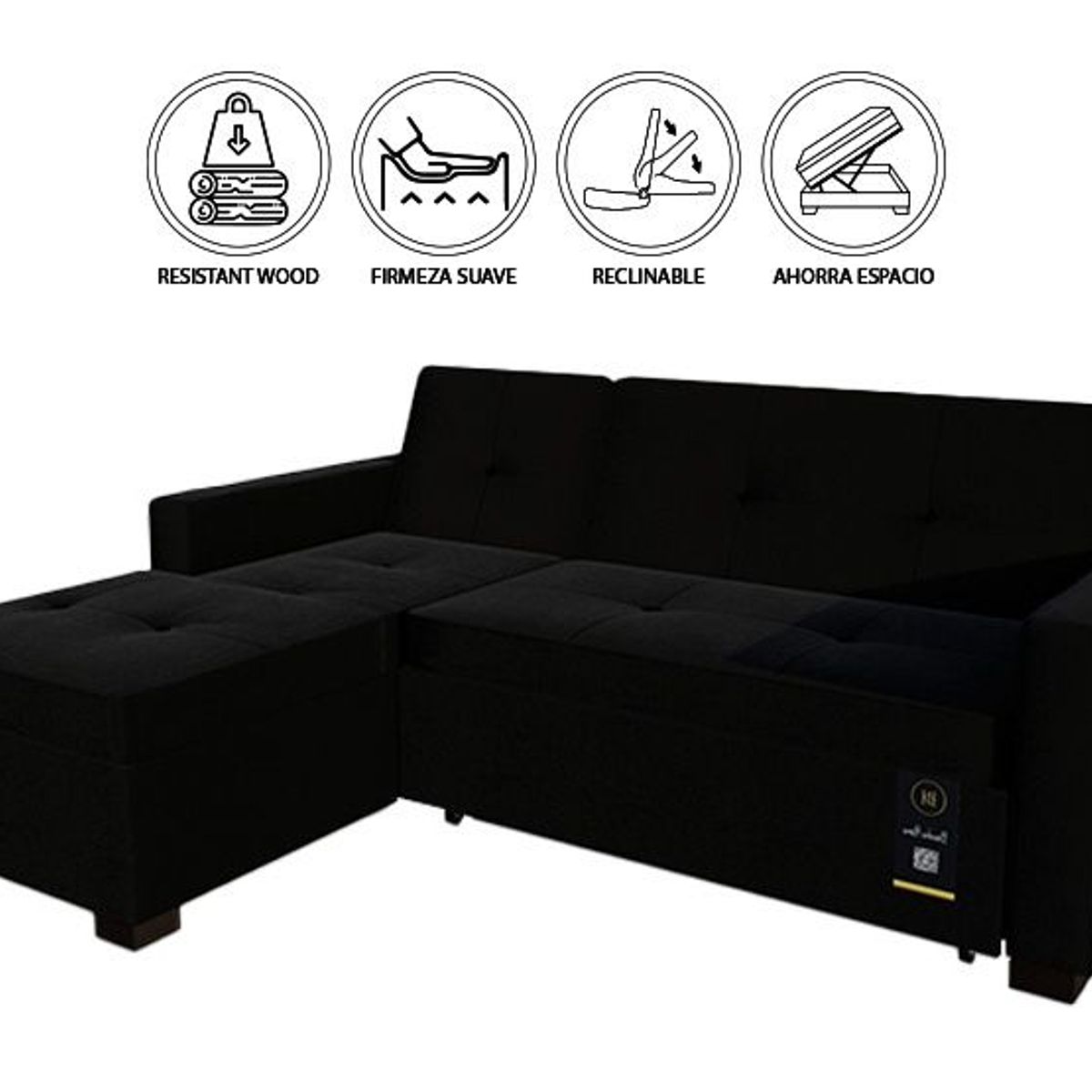 BARAKA HOME - Sofá Cama Multifuncional Debar Izquierdo 3 Cuerpos - Negro