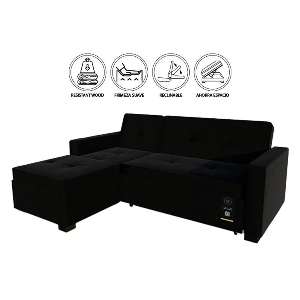 BARAKA HOME - Sofá Cama Multifuncional Debar Izquierdo 3 Cuerpos - Negro