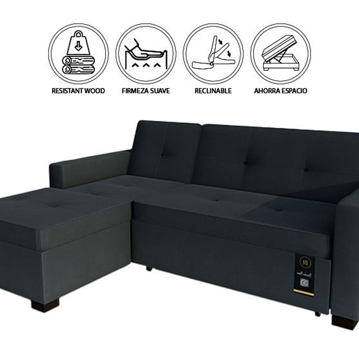 BARAKA HOME - Sofá Cama Multifuncional Debar Izquierdo 3 Cuerpos - Gris Oscuro