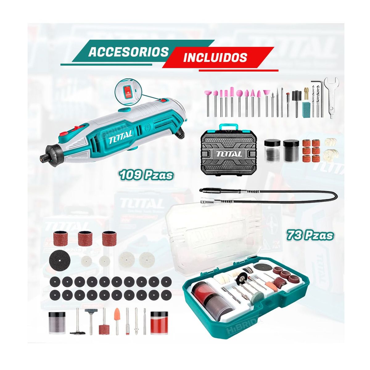 TOTAL TOOLS - COMBO MINI GRINDER ESMERIL 130W ELÉCTRICO + SET 73 PZAS TOTAL