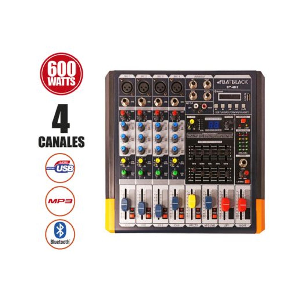 BATBLACK - Consola Amplificada 600W 4 canales USB/MP3/Bluetooth BT-4D2 BATBLACK