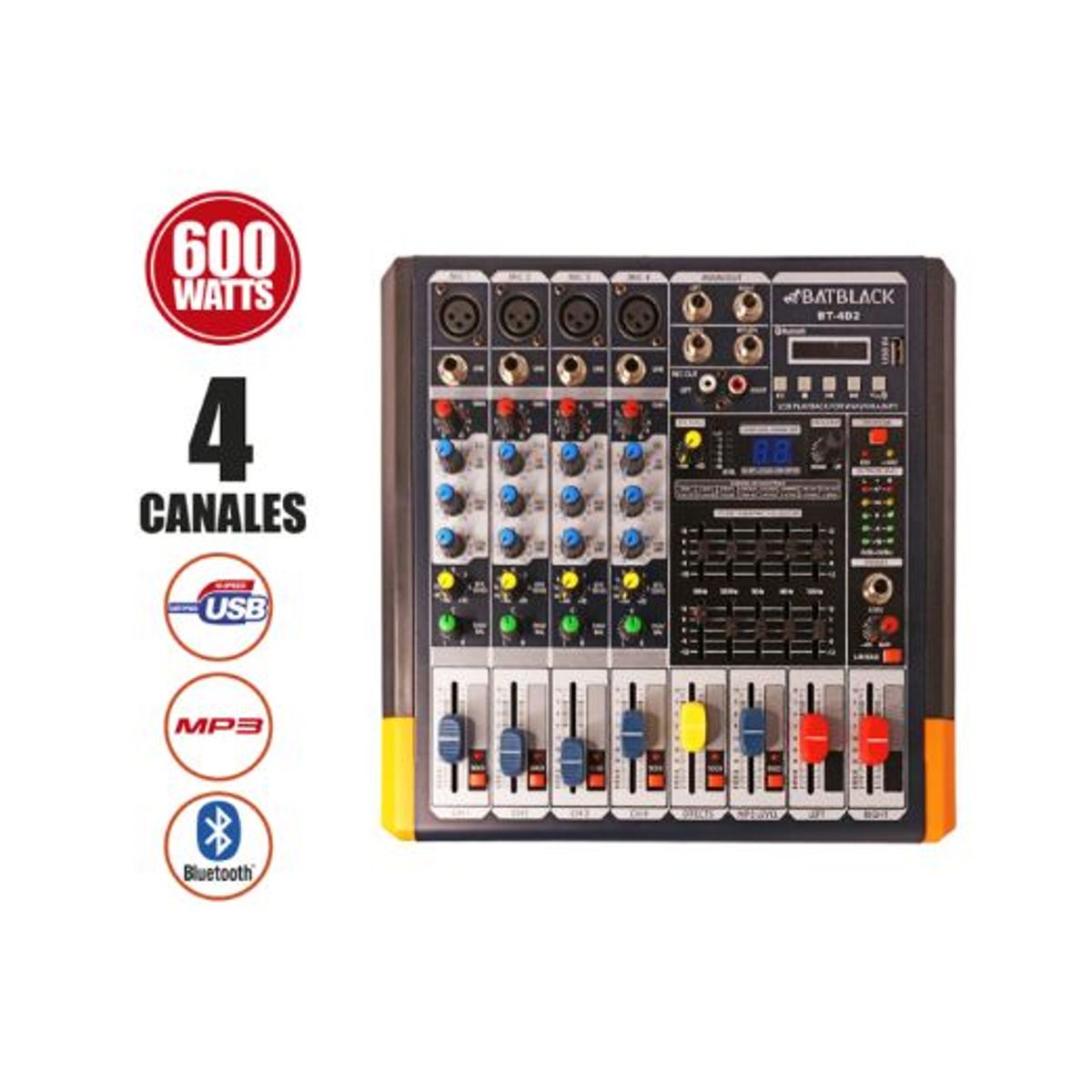 BATBLACK - Consola Amplificada 600W 4 canales USB/MP3/Bluetooth BT-4D2 BATBLACK