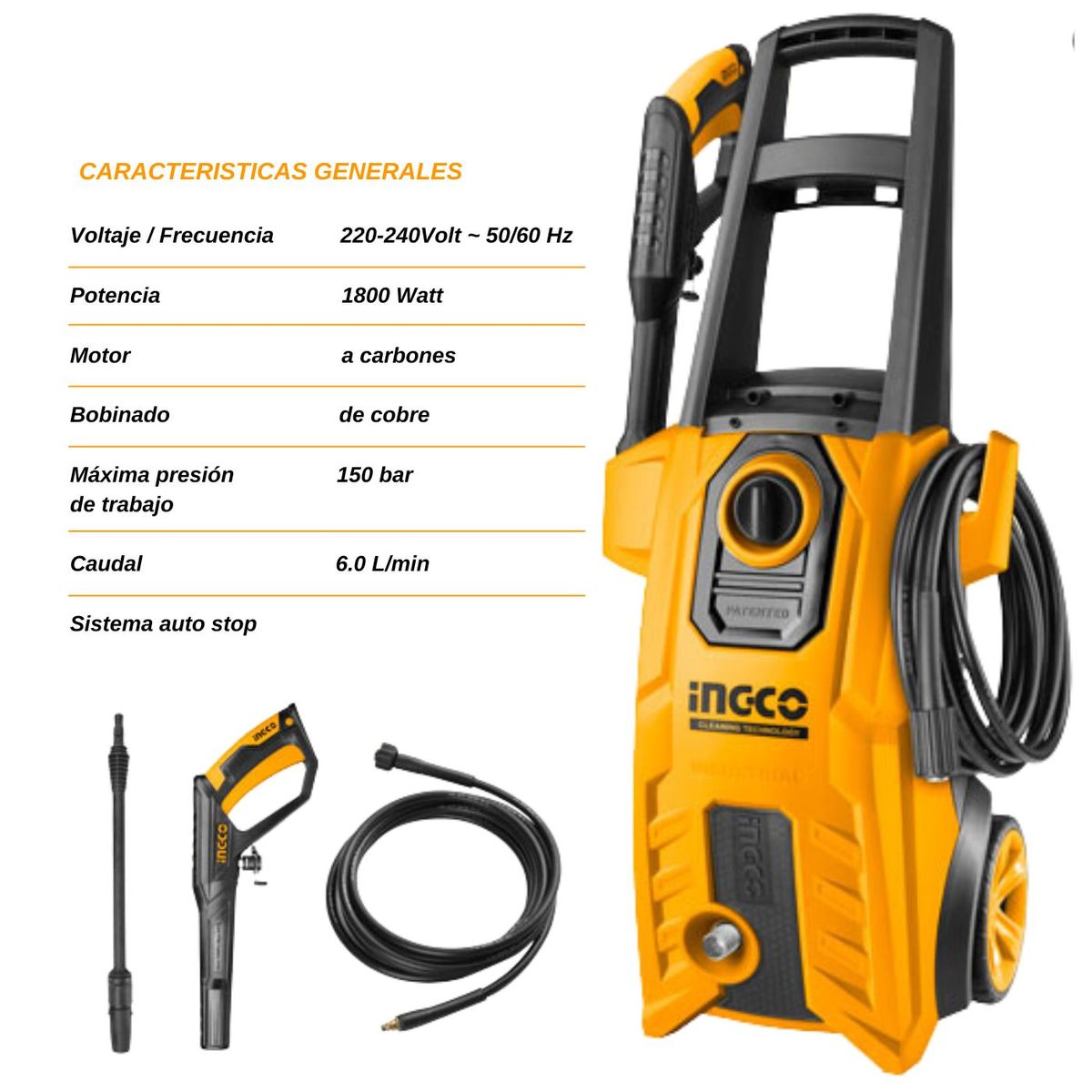 INGCO TOOLS - Hidrolavadora 1800W Ingco + Manguera 10 Metros y Conector Truper