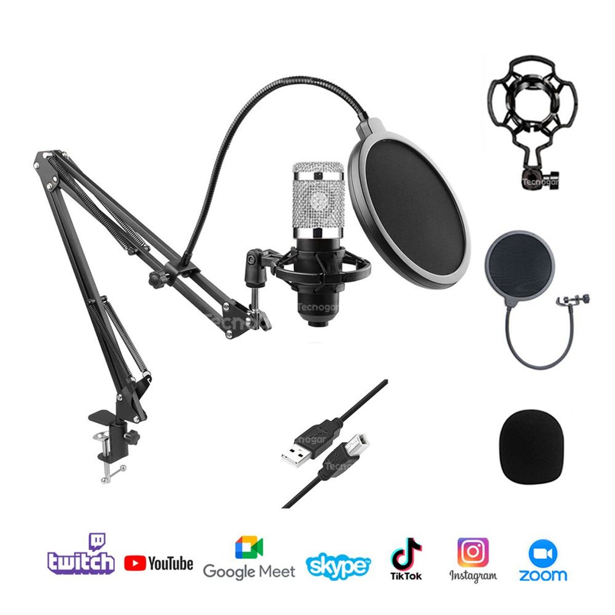 SEISA - Micrófono Condensador Profesional para PC USB Antipop y Soporte Brazo