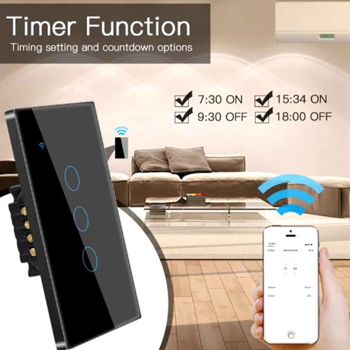 GENERICO - INTERRUPTOR INTELIGENTE WIFI ALEXA GOOGLE 3 BOTÓN NEGRO