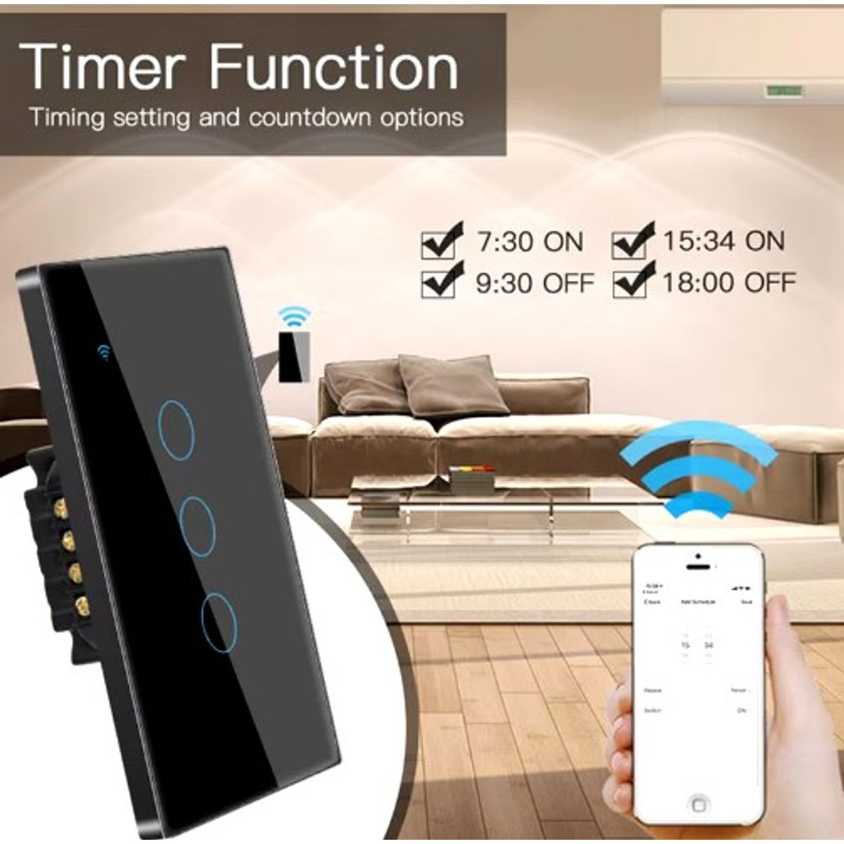 GENERICO - INTERRUPTOR INTELIGENTE WIFI ALEXA GOOGLE 3 BOTÓN NEGRO