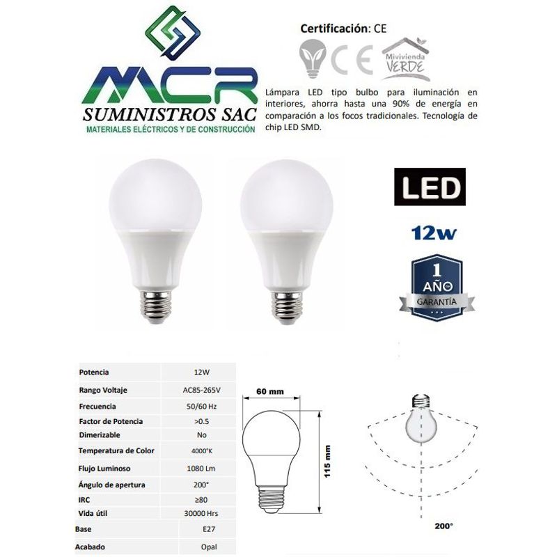 NACIONAL - FOCO LED 12W E27 LUZ BLANCO NEUTRO 4000K pack x 2 und