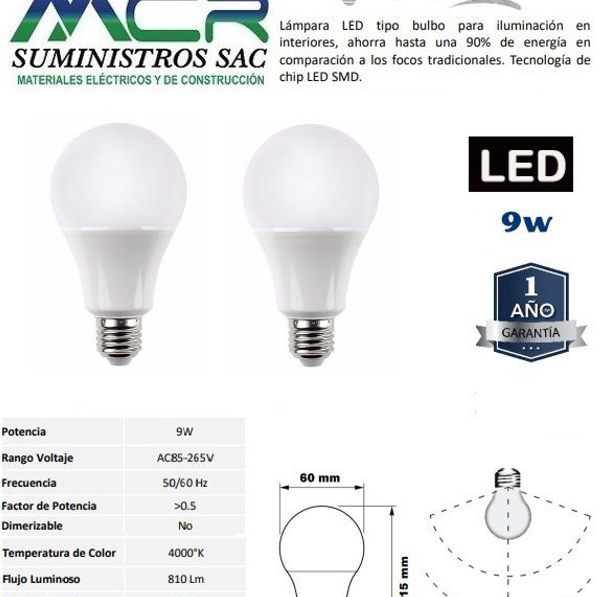 NACIONAL - FOCO LED 9W E27 PACK 2 UND LUZ BLANCA NEUTRO 4000K