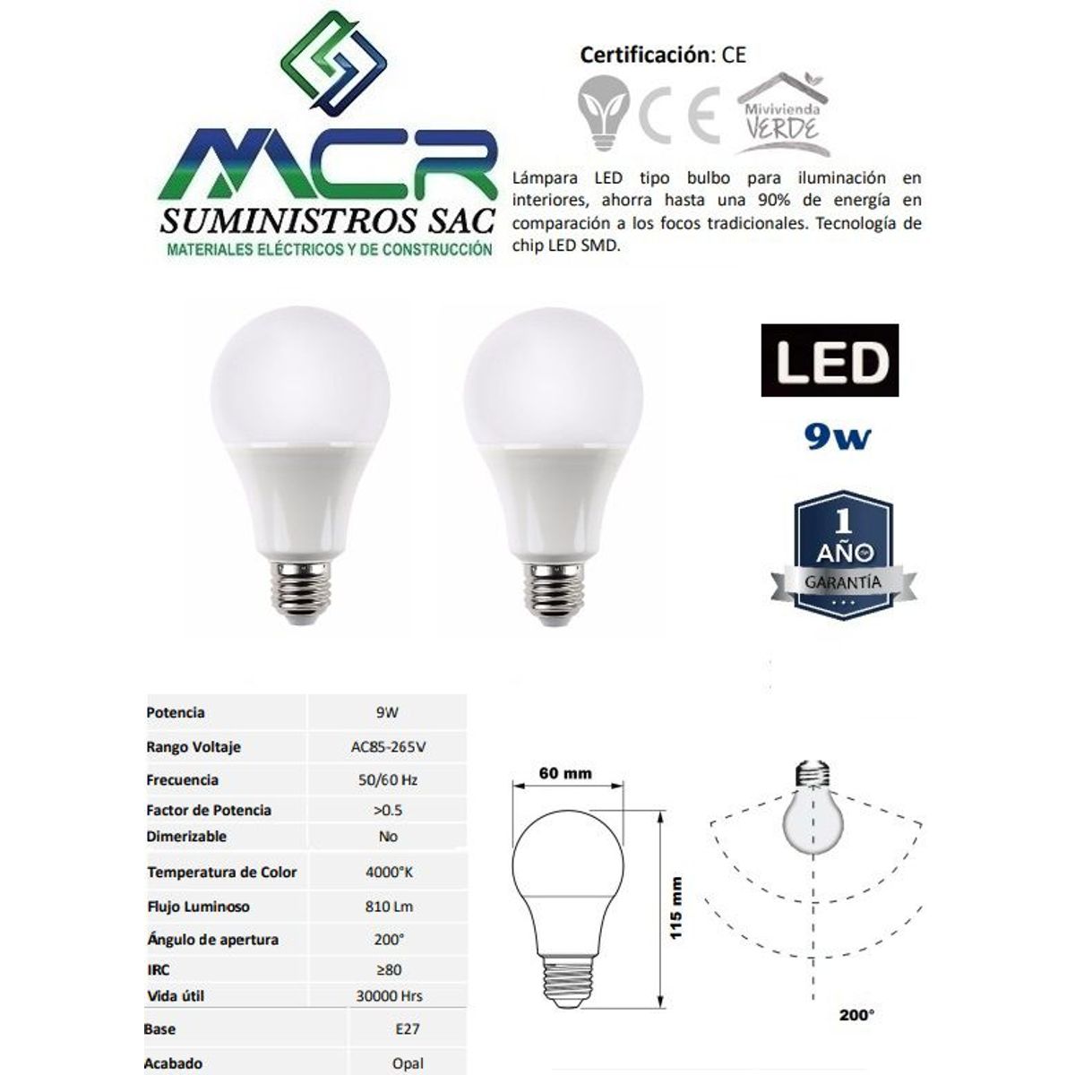 NACIONAL - FOCO LED 9W E27 PACK 2 UND LUZ BLANCA NEUTRO 4000K