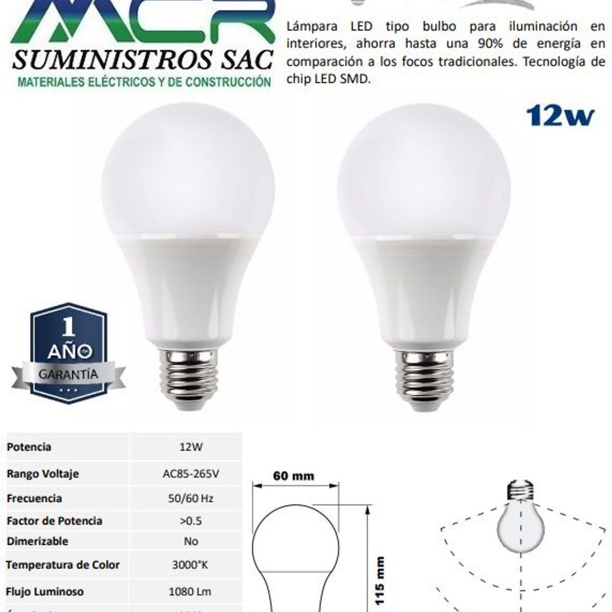 GENERICO - FOCO LED 12W E27 LUZ CALIDA 3000K pack x 2 und
