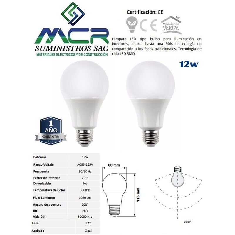 GENERICO - FOCO LED 12W E27 LUZ CALIDA 3000K pack x 2 und