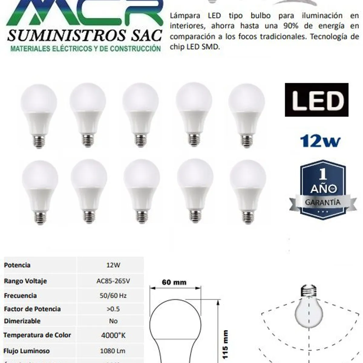 GENERICO - FOCO LED 12W E27 LUZ BLANCO NEUTRO 4000K pack x 10 und