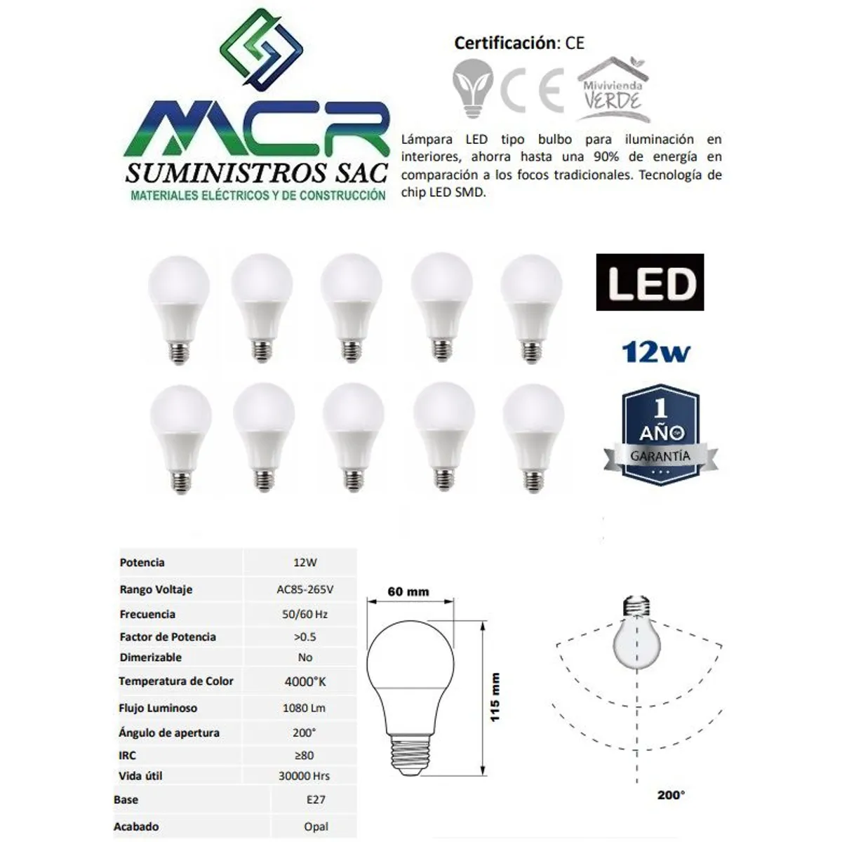 GENERICO - FOCO LED 12W E27 LUZ BLANCO NEUTRO 4000K pack x 10 und