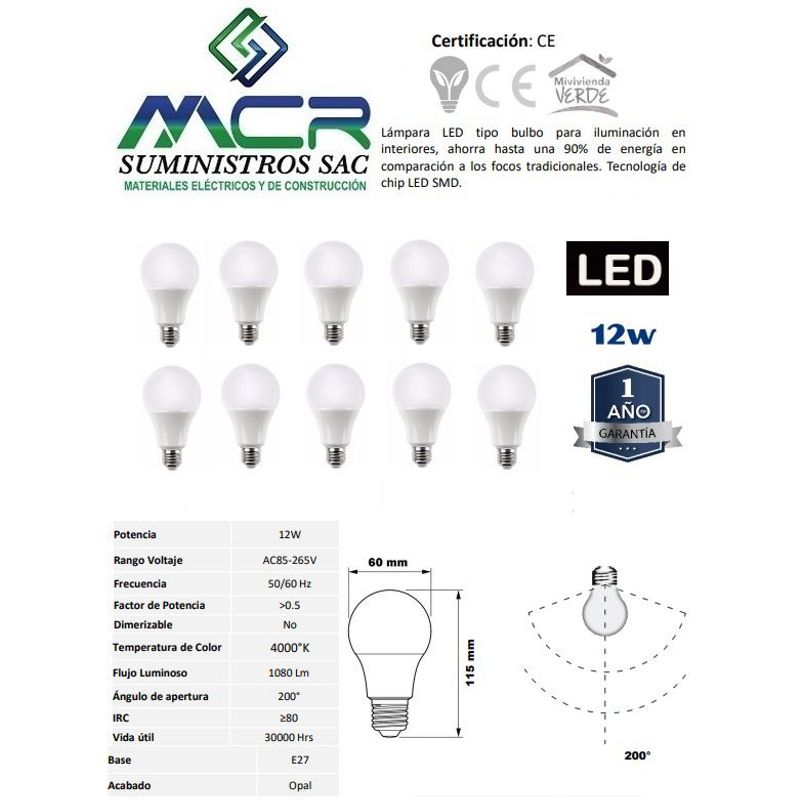 GENERICO - FOCO LED 12W E27 LUZ NEUTRO 4000K pack x 10 und