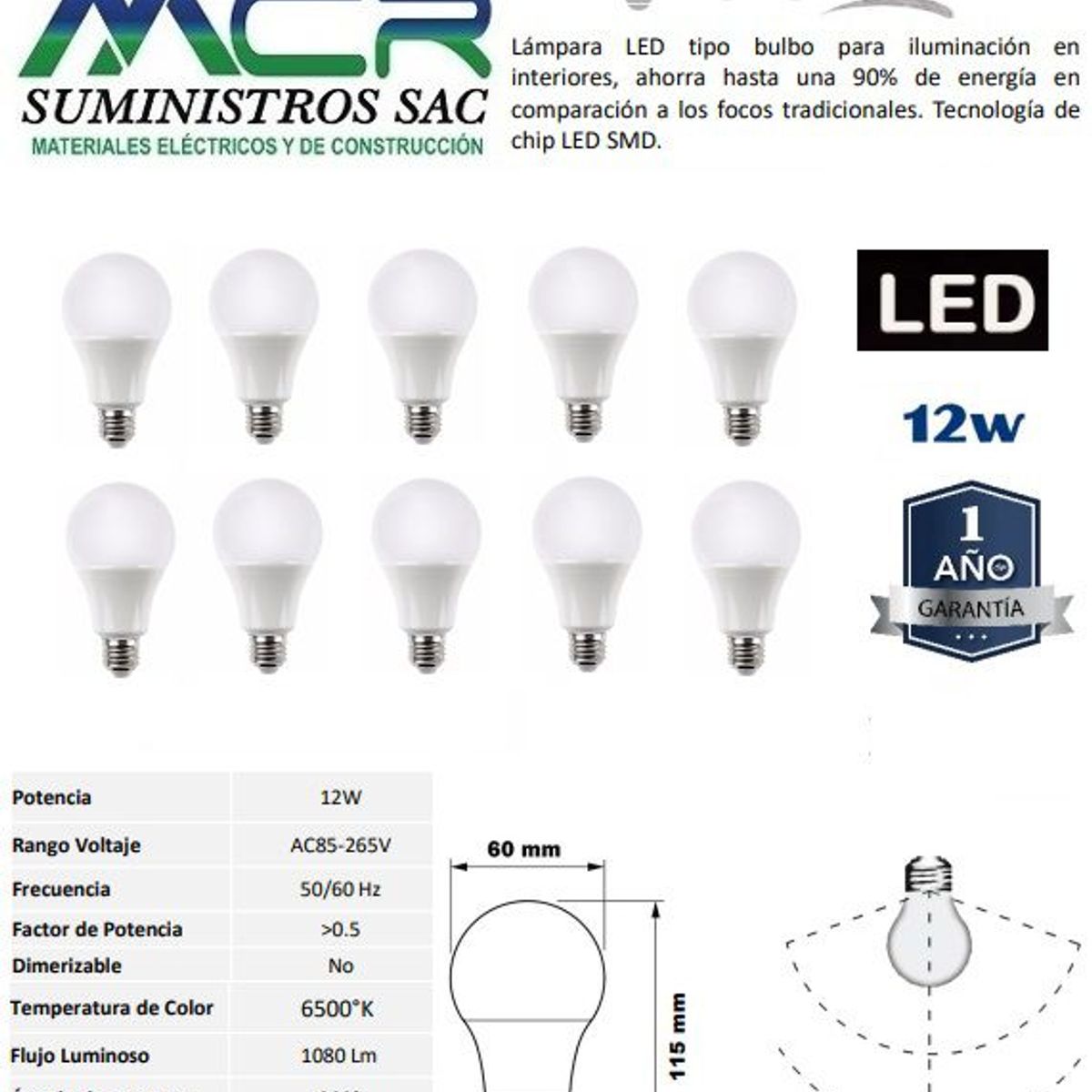 NACIONAL - FOCO LED 12W E27 LUZ FRIA 6500K pack x 10 und