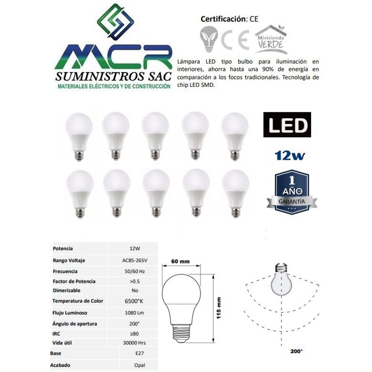 NACIONAL - FOCO LED 12W E27 LUZ FRIA 6500K pack x 10 und