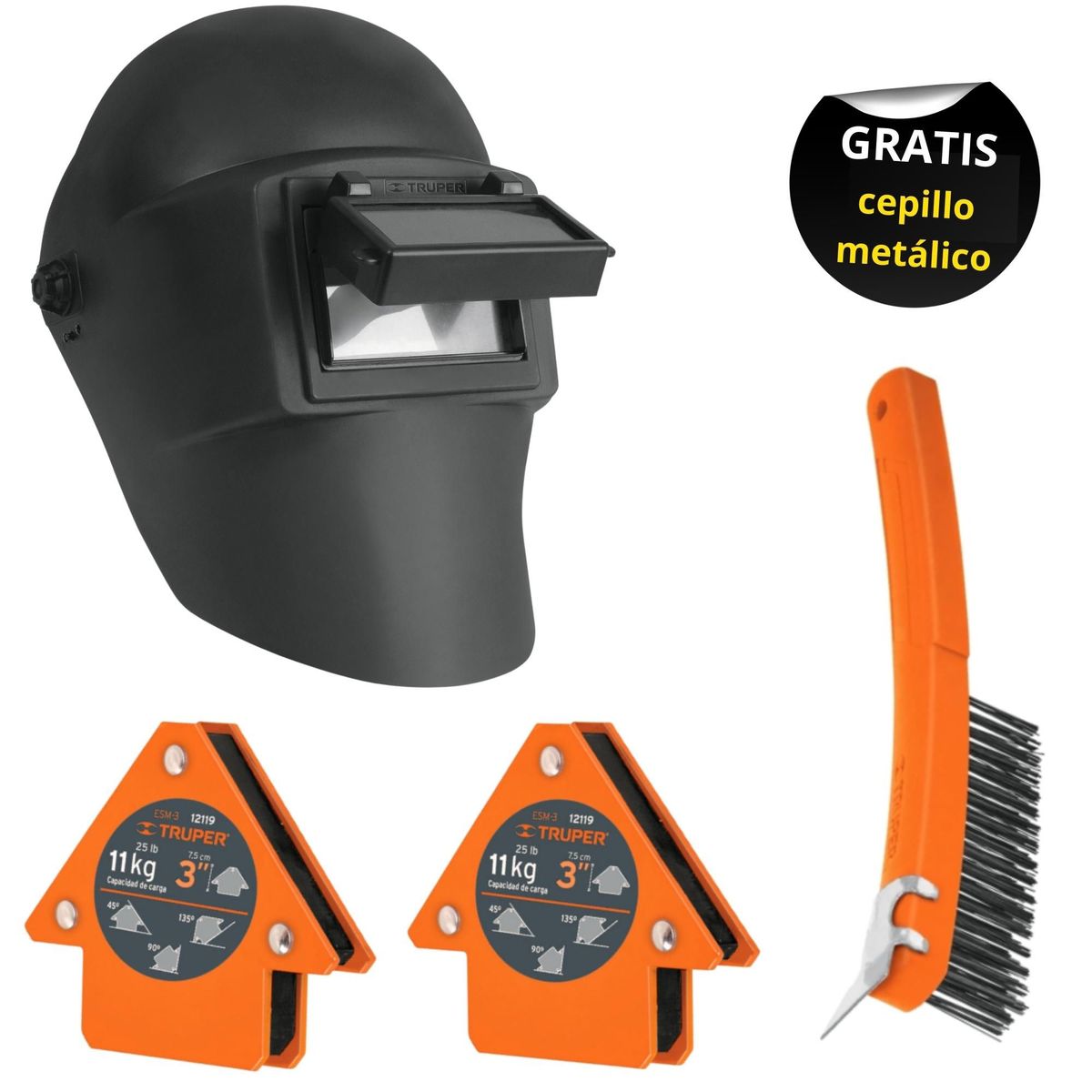 PRETUL - Combo Mascara de soldar, 2 escuadras magnéticas 11kg, cepillo metal