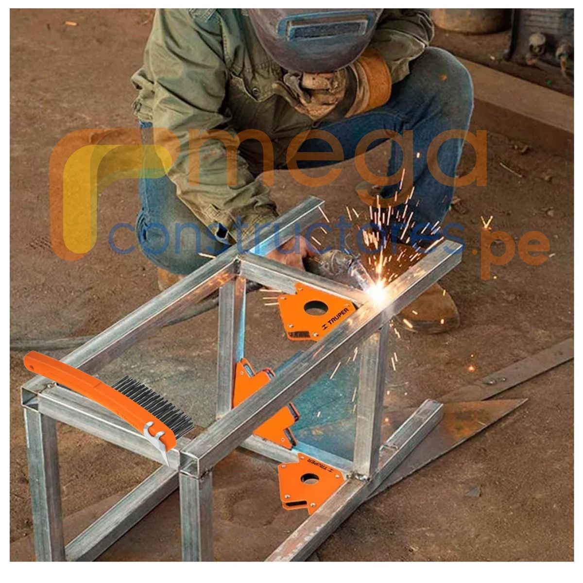 PRETUL - Combo Mascara de soldar, 2 escuadras magnéticas 11kg, cepillo metal