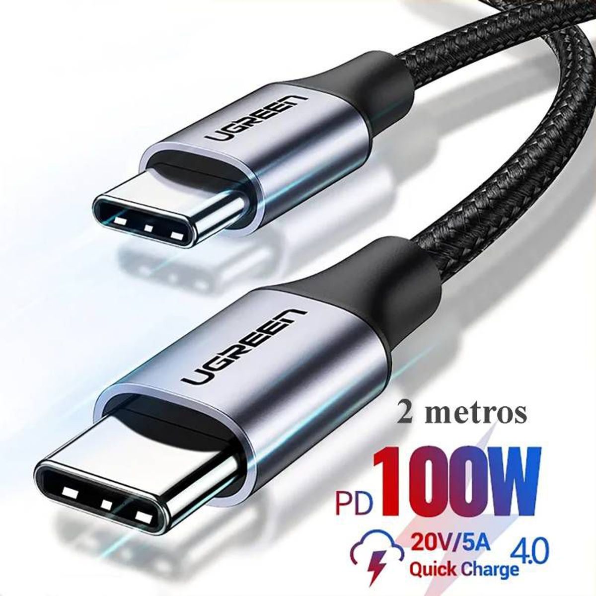 UGREEN - CABLE UGREEN USB C a C - 100W - CARGA RAPIDA - 2 MT - NYLON TRENZADO