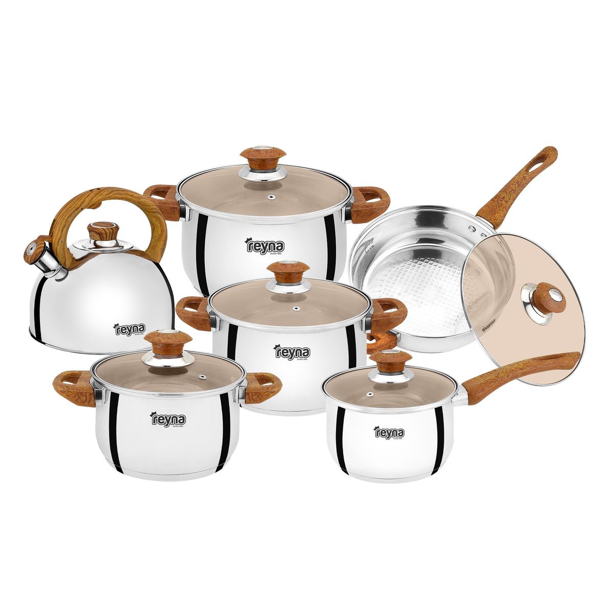 Reyna - Juego ollas de acero Deluxe 12 piezas (color marrón)