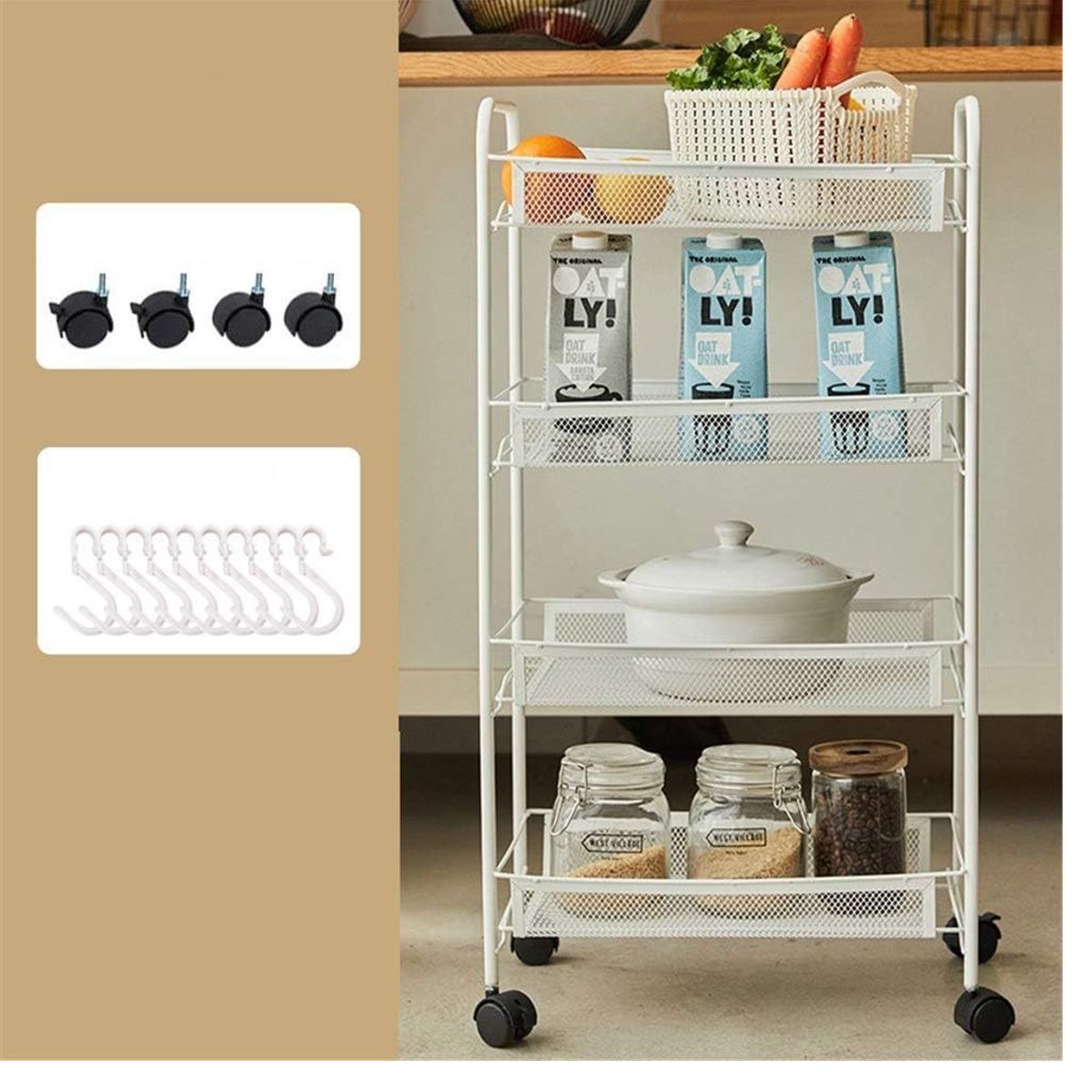 OEM - Carrito Organizador Multiusos de 4 Niveles con Ruedas Blanco