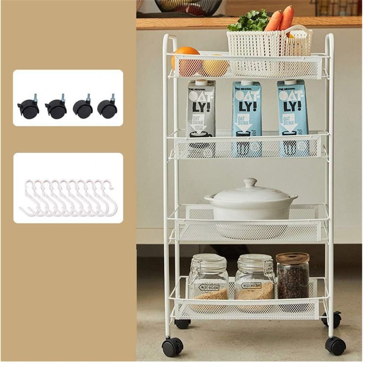 OEM - Carrito Organizador Multiusos de 4 Niveles con Ruedas Blanco