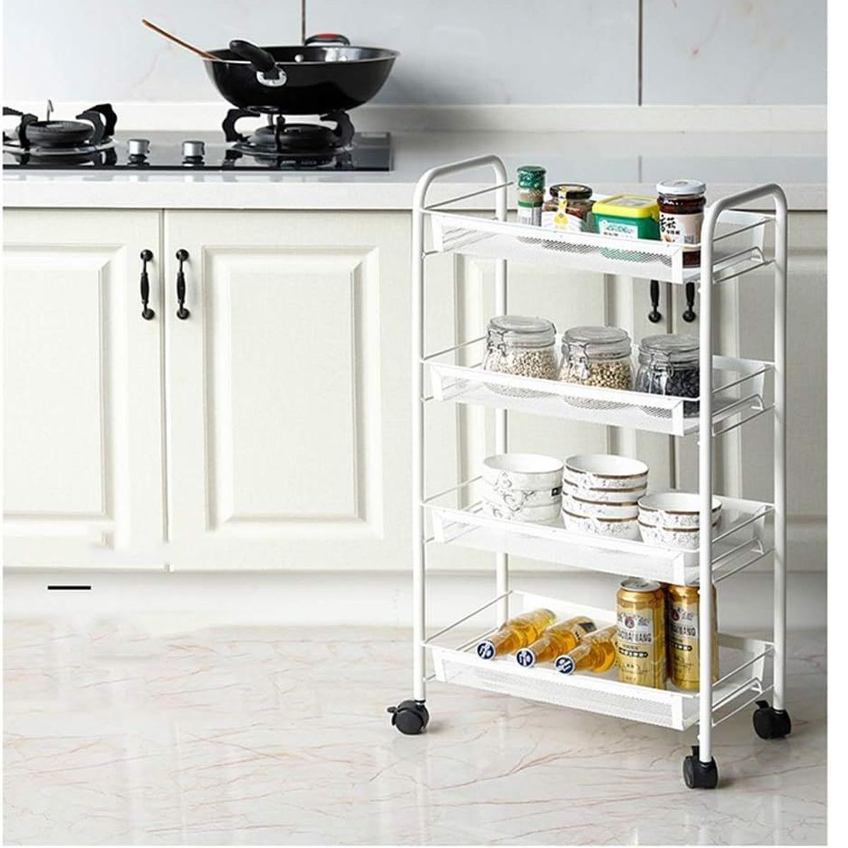 OEM - Carrito Organizador Multiusos de 4 Niveles con Ruedas Blanco