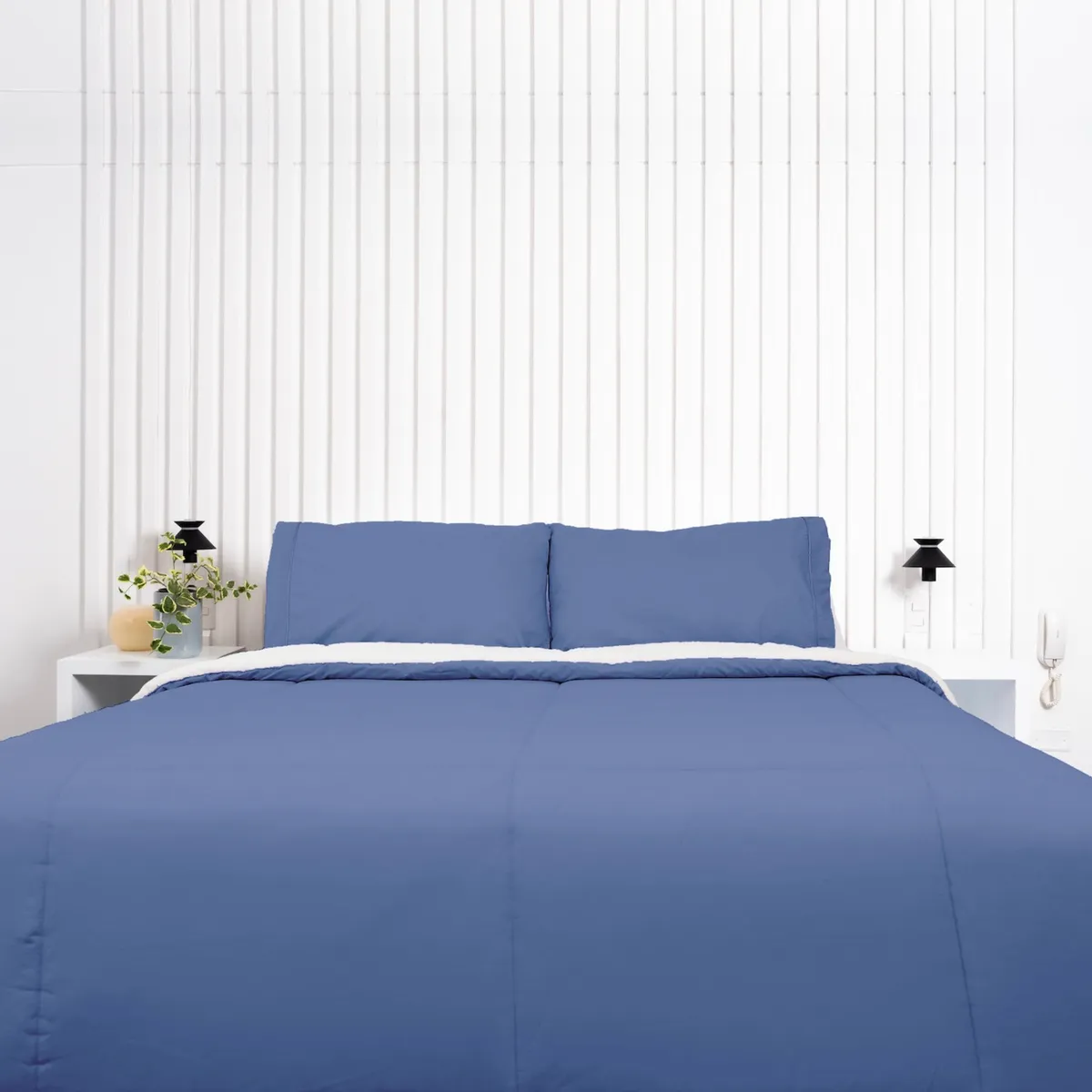 COBITEX HOME - Edredón Queen azul acero con reversible de corderito cobitex 100 algodón