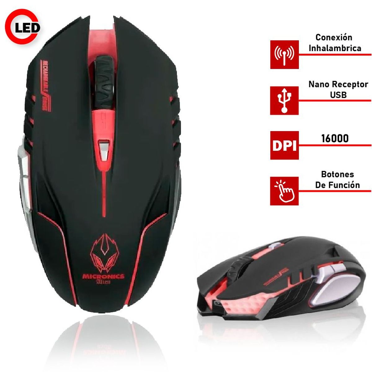 MICRONICS - Mouse Gamer Inalámbrico Alien Negro