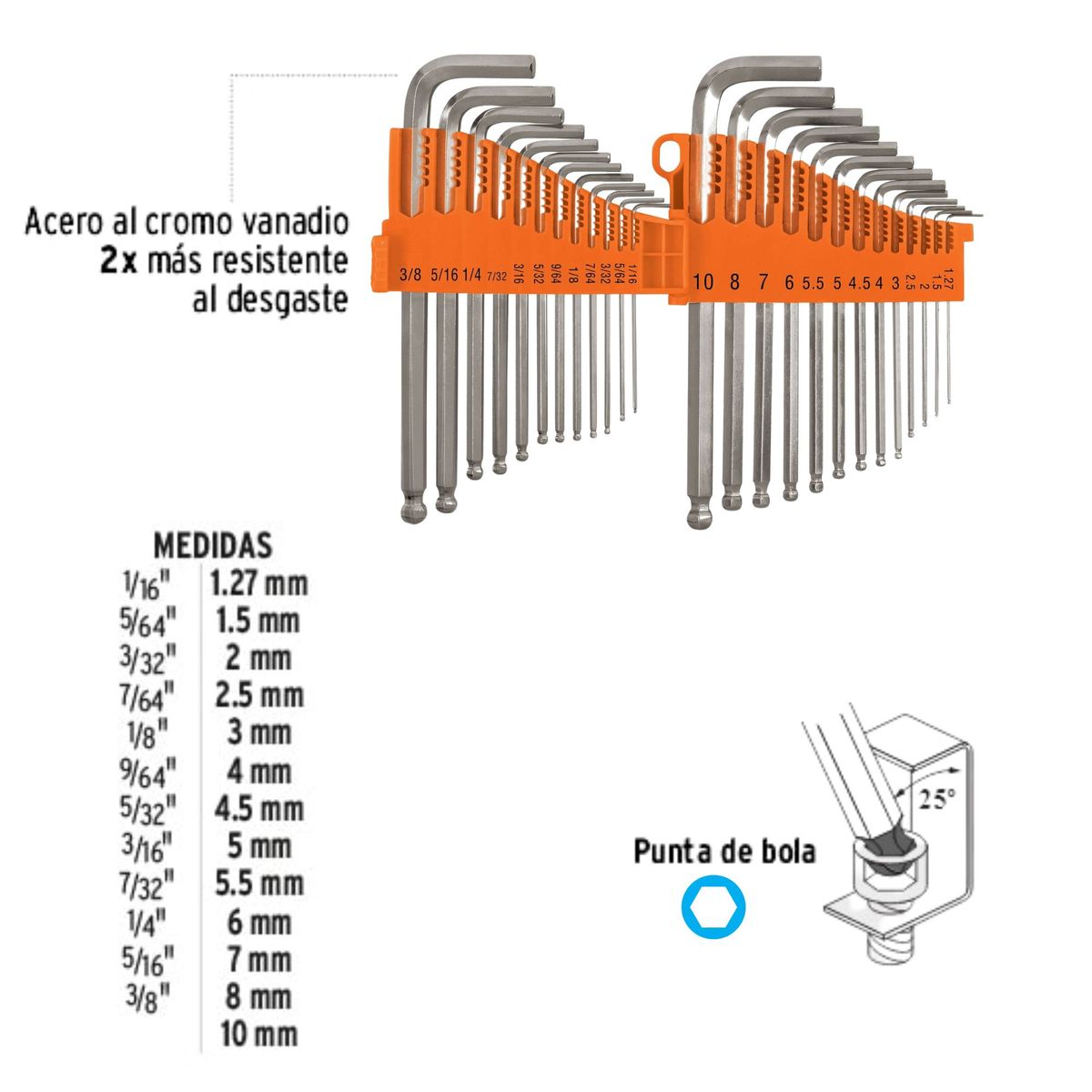 TRUPER - Juego de llaves allen largas std y mm punta bola 25 piezas