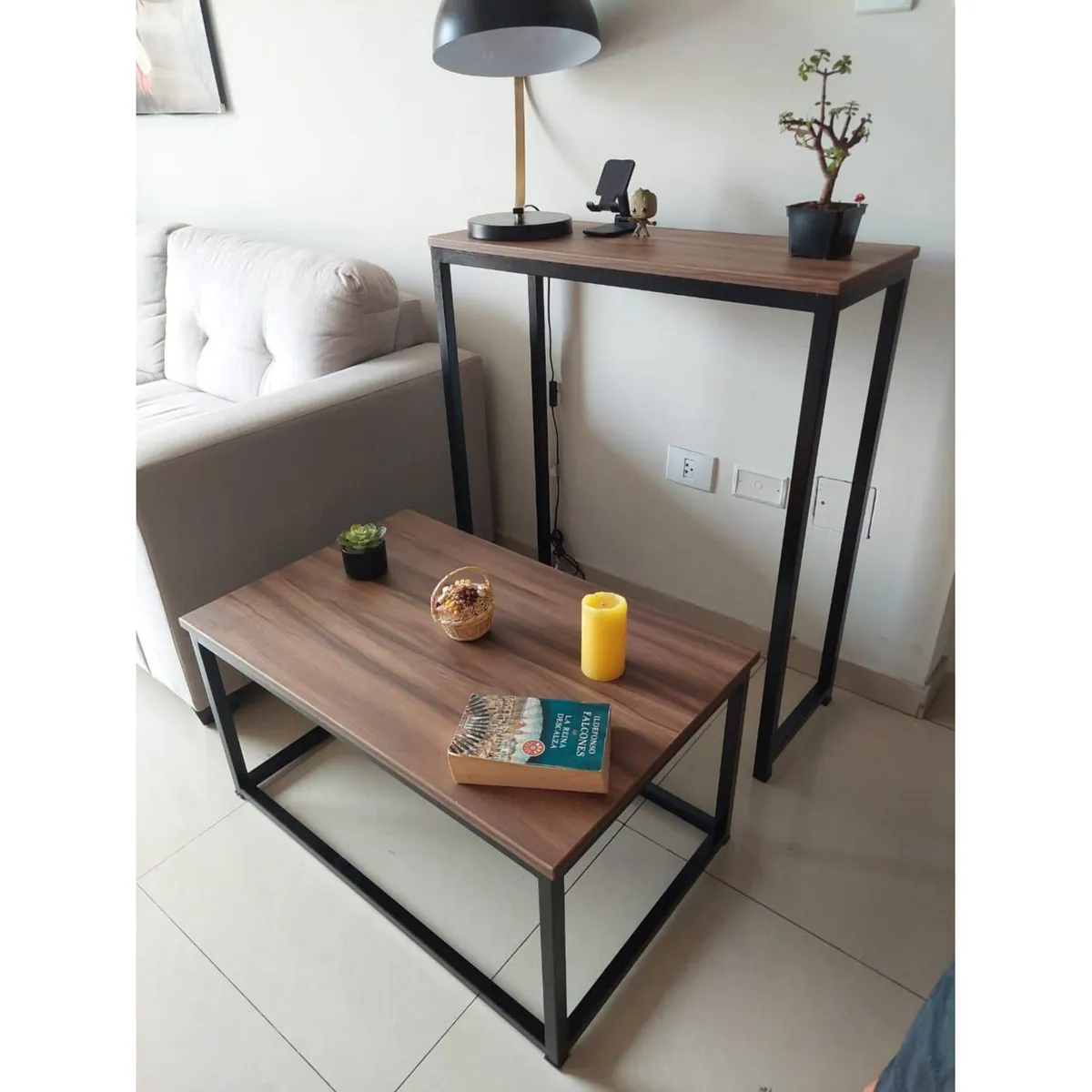 GENERICO - Pack Mesa de centro y mueble recibidor industrial nogal