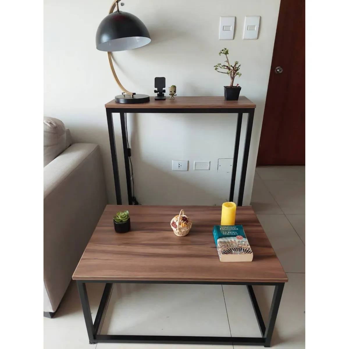 GENERICO - Pack Mesa de centro y mueble recibidor industrial nogal