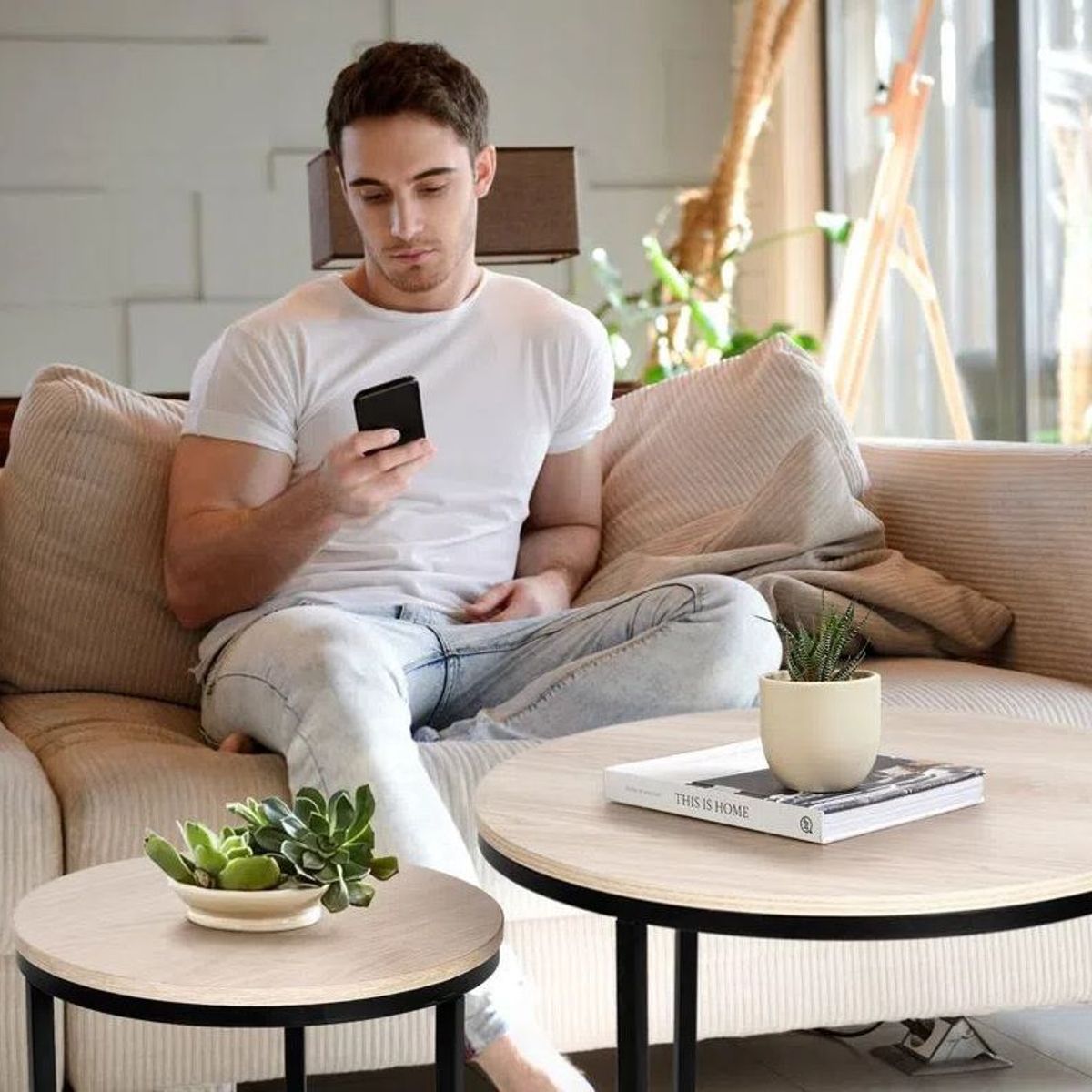 GENERICO - Mesas de centro estilo nido circular industrial crema