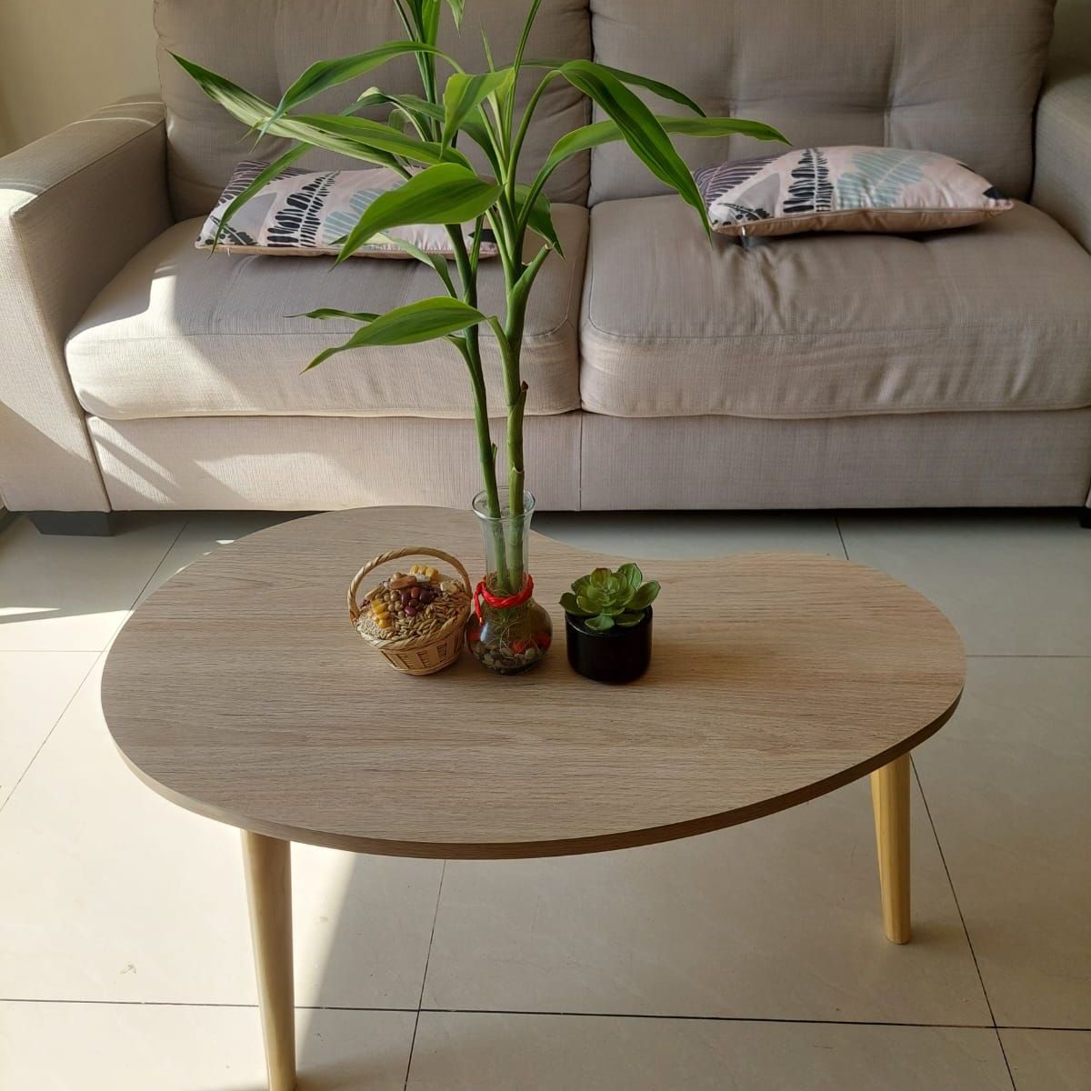 GENERICO - Mesa de centro estilo riñon con patas pino