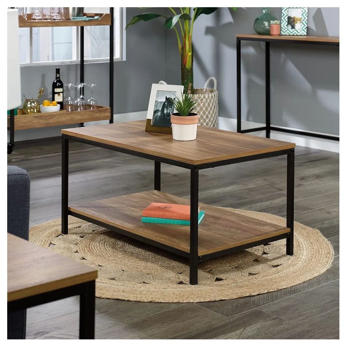 GENERICO - Mesa de centro industrial doble nivel nogal 80x50x40