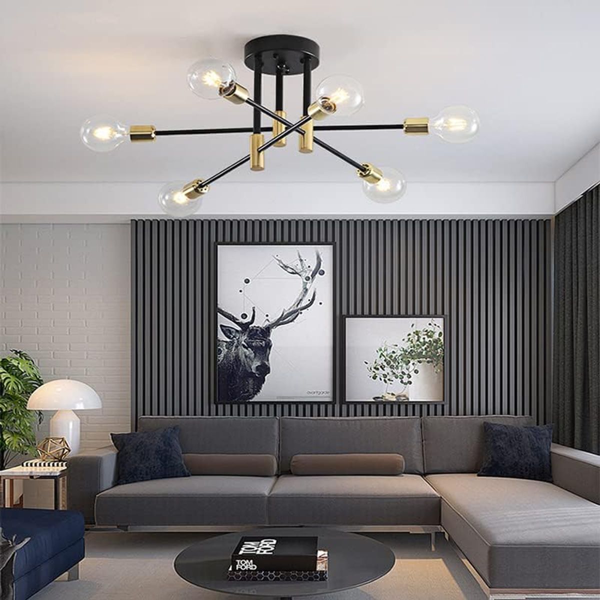 GENERICO - Lámpara colgante modelo araña dorado con negro- Incluye seis bombillas